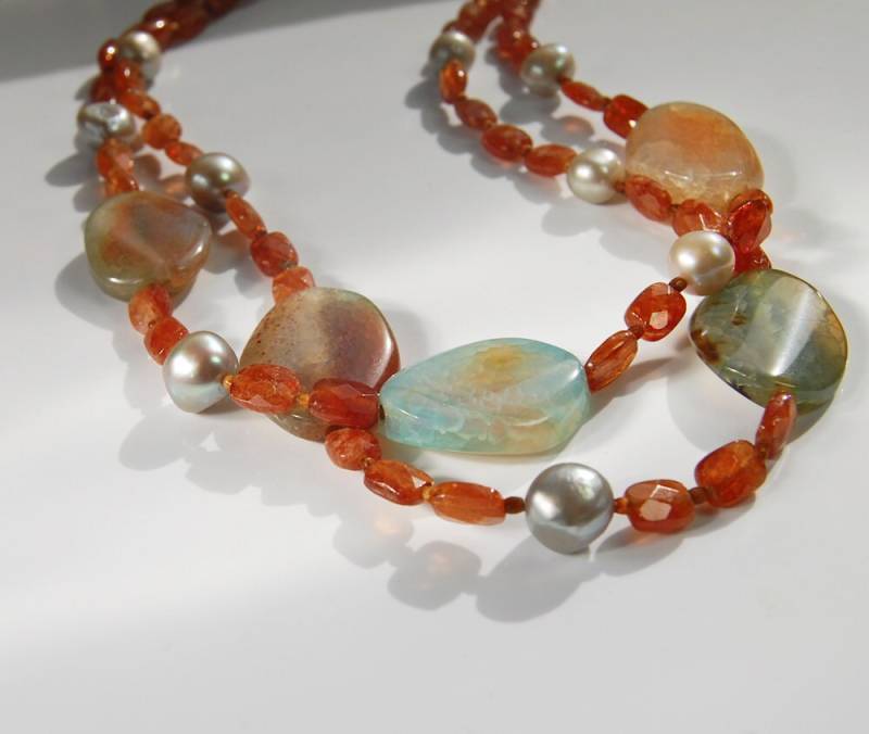 Zimt Granat Halskette | Doppelstrang Edelstein Feuer Achat Und Perlen Hessonit Granate Unikat von MalibuJewel