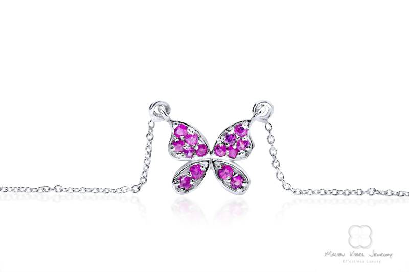 14K Gold Minimalist Schmetterling Halskette | Rosa Saphir Edelsteine von MalibuVibesJewelry