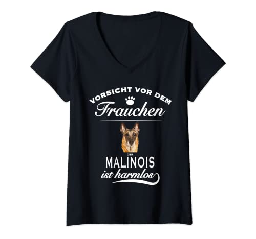 Damen Malinois T-Shirts - Vorsicht vor dem Frauchen - Malinois T-Shirt mit V-Ausschnitt von Malinois Shirt - Malinois TShirt