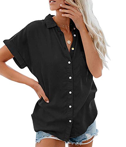 MallFancy Damen Bluse Kurzarm Reverskragen Shirt Sommer Hemdbluse Einfarbig Knopfleiste Blusen Oberteile Tops mit Taschen(Schwarz,3XL) von ASKSA