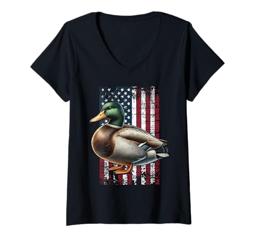 Damen Stockente Amerika Mallard Duck T-Shirt mit V-Ausschnitt Damen Stockente Amerika Mallard Duck T-Shirt mit V-Ausschnitt von Mallard Duck US Fahne Herren Damen