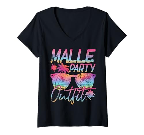 Damen Vintage Malle Party Outfit Gruppen Motiv Mallorca Party T-Shirt mit V-Ausschnitt von Malle Apres Ski Fasching Karneval Outfits