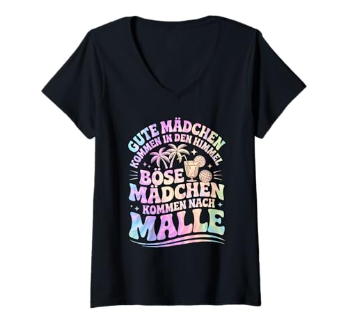 Damen Malle Outfit Mädelsabend Party Urlaub Frauen Spruch Mallorca T-Shirt mit V-Ausschnitt von Malle Girls Partnerlook JGA Mallorca Damen Gruppe