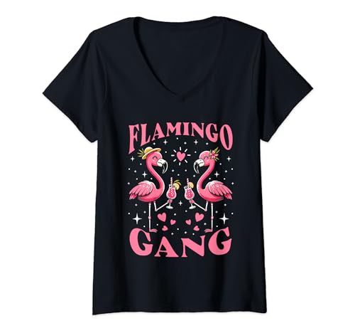 Damen Flamingo Gang Gruppen Motiv Mallorca Party Urlaub T-Shirt mit V-Ausschnitt Damen Flamingo Gang Gruppen Motiv Mallorca Party Urlaub T-Shirt mit V-Ausschnitt von Malle Party Deko Outfit