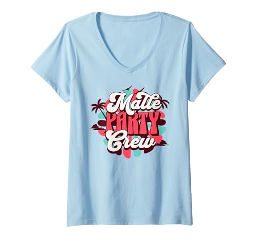 Damen Malle Party Crew Mallorca Urlaub Outfit Damen Herren Design T-Shirt mit V-Ausschnitt von Malle Party Mallorca Urlaub Geschenke Damen Herren