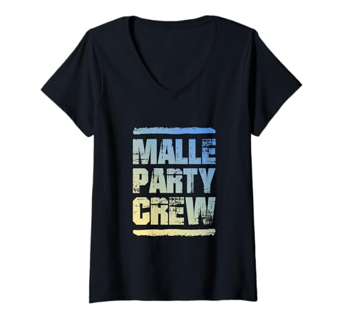 Damen Malle Party Crew | Urlaub Mallorca Team Spruch T-Shirt mit V-Ausschnitt von Malle Party Mood Inc