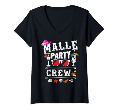 Damen Malle Party Crew Outfit Buntes Mallorca Urlaub Design T-Shirt mit V-Ausschnitt von Malle Party Outfits