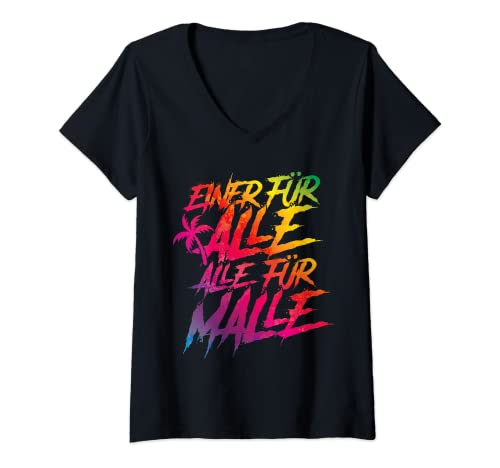 Damen Malle Spruch Einer für alle Mallorca Crew Party Urlaub Team T-Shirt mit V-Ausschnitt von Malle Party Shirts