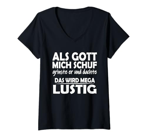 Damen Malle Party Hetz Mich Nicht Als Gott Mich Schuf grinste er T-Shirt mit V-Ausschnitt von Malle accessoires Als gott mich schuf grinste er