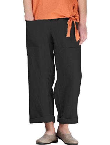 FTCayanz Damen Beiläufige Leinen Gestreift Hosen Casual Haremshose Lange Hose Art 1-Einfarbig Schwarz M von FTCayanz