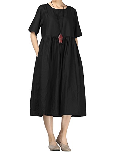 FTCayanz Damen Leinen Sommer Kleider Rundhals Kurzarm Midi Kleid mit Doppelte Taschen Schwarz XL von FTCayanz