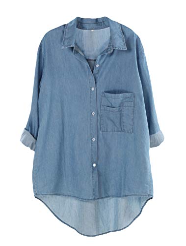 FTCayanz Damen Leinen Blusen Langarmshirt Große Größen Freizeit Tunika Oberteil Locker Hemd Shirts 2-Denim Blau M von FTCayanz