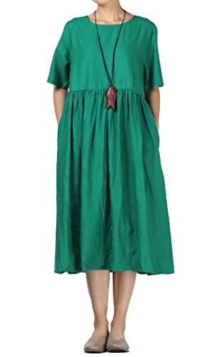 FTCayanz Damen Leinen Sommer Kleider Rundhals Kurzarm Midi Kleid mit Doppelte Taschen Grün XL von FTCayanz