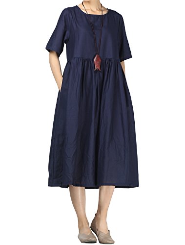 FTCayanz Damen Leinen Sommer Kleider Rundhals Kurzarm Midi Kleid mit Doppelte Taschen Navy L von FTCayanz