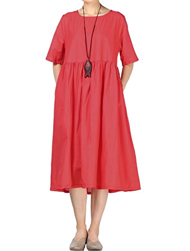 FTCayanz Damen Leinen Sommer Kleider Rundhals Kurzarm Midi Kleid mit Doppelte Taschen Rot M von FTCayanz