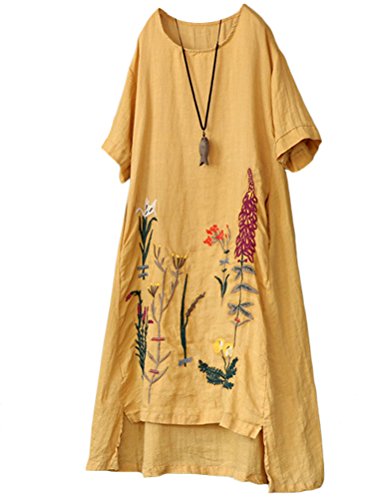 FTCayanz Damen Rundhals Kurzarm Sommerkleid Embroidery Leinen Kleider Art 1-Gelb XL von FTCayanz