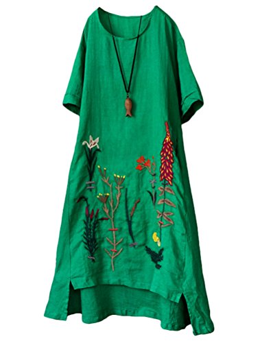 FTCayanz Damen Rundhals Kurzarm Sommerkleid Embroidery Leinen Kleider Art 1-Grün L von FTCayanz