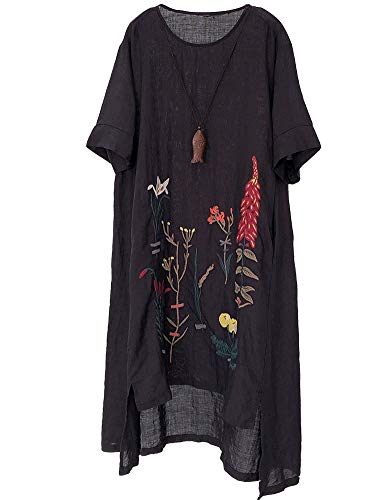 FTCayanz Damen Rundhals Kurzarm Sommerkleid Embroidery Leinen Kleider Art 1-Schwarz XL von FTCayanz