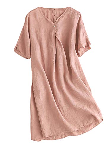 FTCayanz Damen Sommerkleid Leinenkleider V-Ausschnitt Kurzarm Midi Kleid Lange Tunika Bluse Rosa L von FTCayanz