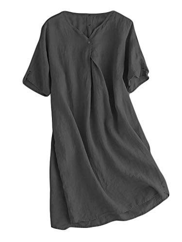 FTCayanz Damen Sommerkleid Leinenkleider V-Ausschnitt Kurzarm Midi Kleid Lange Tunika Bluse Schwarz L von FTCayanz