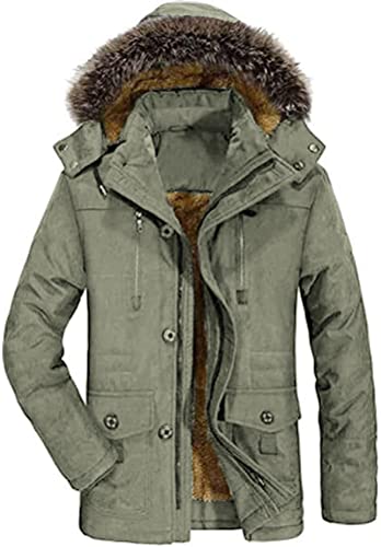 FTCayanz Herren Warme Winterjacke Parka Lang Wintermantel Mit Kunstfell Kapuze Outdoor Gefütterte Steppjacke Jacke Army Green XL von FTCayanz