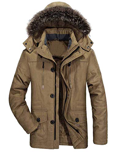 FTCayanz Herren Warme WinterJacke Parka Lang Wintermantel Mit Kunstfell Kapuze Outdoor Gefütterte Steppjacke Jacke Khaki L von FTCayanz