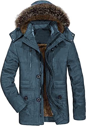 FTCayanz Herren Warme WinterJacke Parka Lang Wintermantel Mit Kunstfell Kapuze Outdoor Gefütterte Steppjacke Jacke Navy 2XL von FTCayanz