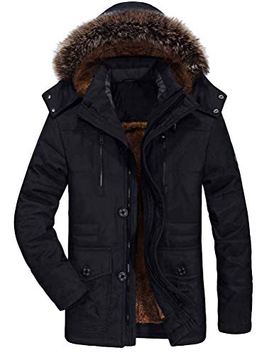 FTCayanz Herren Warme WinterJacke Parka Lang Wintermantel Mit Kunstfell Kapuze Outdoor Gefütterte Steppjacke Jacke Schwarz M von FTCayanz