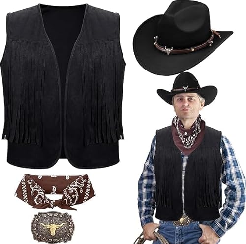 4 Stück Western Cowboy Outfit für erwachsene Männer Cowboy Kostüm mit Fransenweste, Hut, Gürtelschnalle und Paisley Bandana für Halloween und Cosplay von Malloom