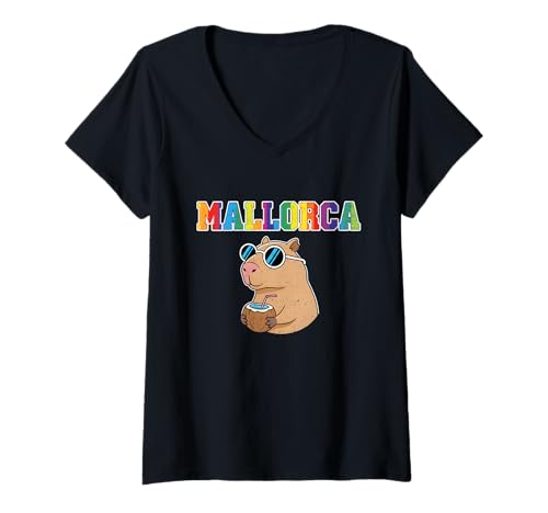Damen Mallorca Capybara Coconut Vibes T-Shirt mit V-Ausschnitt Damen Mallorca Capybara Coconut Vibes T-Shirt mit V-Ausschnitt von Mallorca Capybara Coconut Collection
