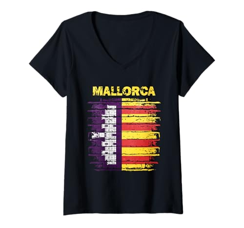Damen Mallorca-Flaggen-Emblem T-Shirt mit V-Ausschnitt von Mallorca Design
