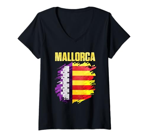 Damen Mallorca-Flaggen-Emblem T-Shirt mit V-Ausschnitt Damen Mallorca-Flaggen-Emblem T-Shirt mit V-Ausschnitt von Mallorca Design