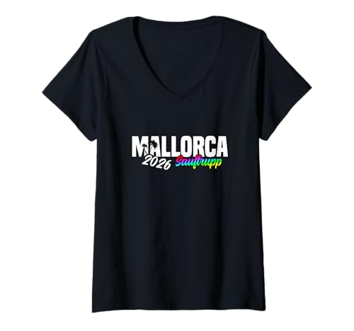 Damen Party Gruppen Outfit Urlaub Must Haves Sommer 2026 Mallorca T-Shirt mit V-Ausschnitt von Mallorca Gruppen Outfit Party Strand Urlaub Sommer