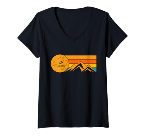 Damen Landkarte von der Insel Mallorca mit Bergen Mallorca T-Shirt mit V-Ausschnitt von Mallorca Insel Designs24