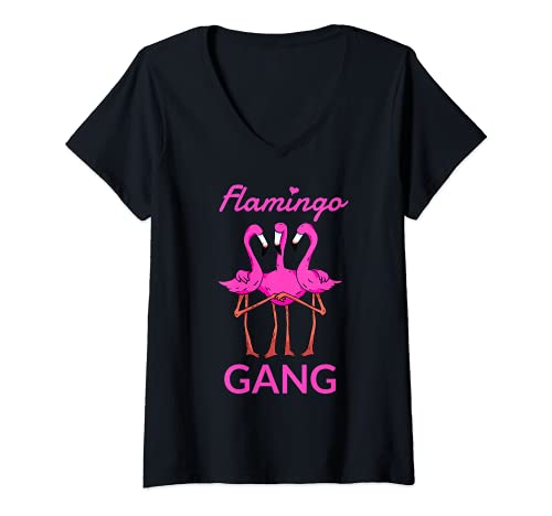 Damen Flamingo Gang Lustige Flamingos Urlaubs und JGA T-Shirt mit V-Ausschnitt von Mallorca Party JGA Saufen Geschenke Kollektion