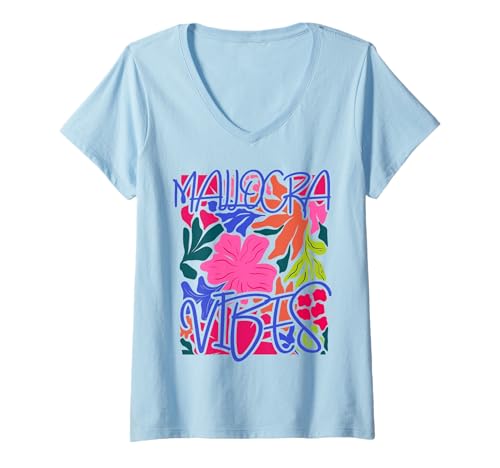 Damen Mallorca Vibes Balearen Boho Abstrakt Blumen Floral T-Shirt mit V-Ausschnitt von Mallorca Spain Vintage Botanical Wildflowers