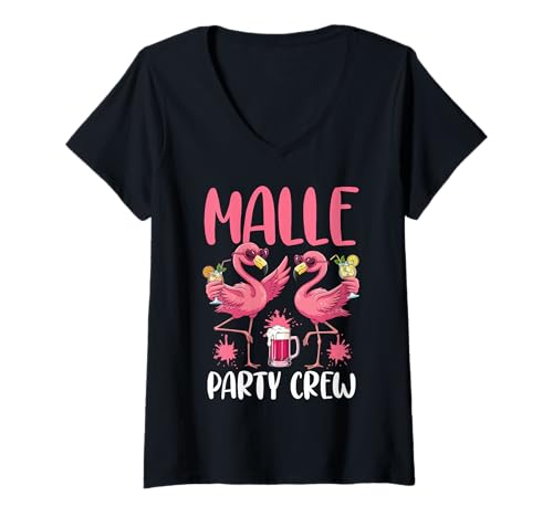 Damen Malle Party Crew Flamingo Motiv Mallorca Party Urlaub T-Shirt mit V-Ausschnitt Damen Malle Party Crew Flamingo Motiv Mallorca Party Urlaub T-Shirt mit V-Ausschnitt von Mallorca Strand Urlaub Gruppen Motive