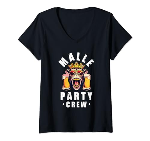 Damen Malle Party Affe Crew | Mallorca Mannschaft Team Spruch T-Shirt mit V-Ausschnitt von Mallorca Urlaub Party Style