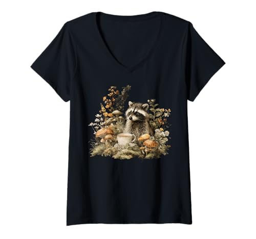 Damen Waschbär Cottagecore Nature Lover Tea Enthusiast T-Shirt mit V-Ausschnitt Damen Waschbär Cottagecore Nature Lover Tea Enthusiast T-Shirt mit V-Ausschnitt von Malracconluv