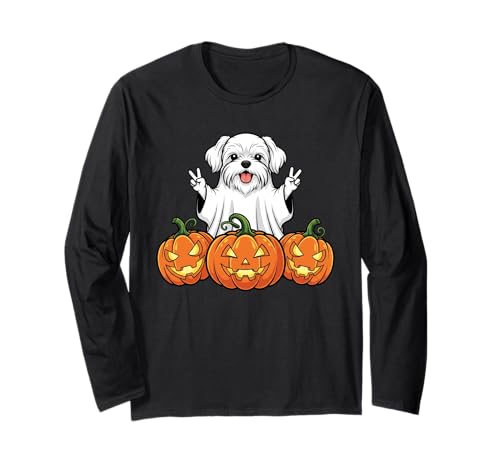 Lustiger maltesischer Geist Kürbis Boo Halloween Kinder Herren Damen Langarmshirt von Maltese Dog Lovers Halloween Ghost Pumpkin Outfits