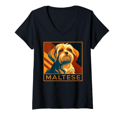 Damen Retro Malteser Spielzeug Rasse Portrait T-Shirt mit V-Ausschnitt Damen Retro Malteser Spielzeug Rasse Portrait T-Shirt mit V-Ausschnitt von Maltese Dog Lovers
