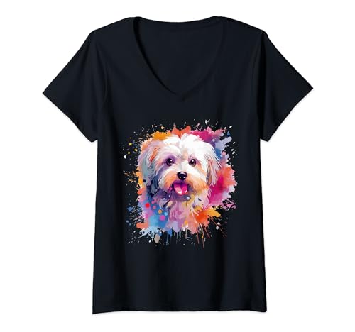 Damen Bunte Malteser-Hunde-Spritzkunst T-Shirt mit V-Ausschnitt von Maltese Dogs Apparel