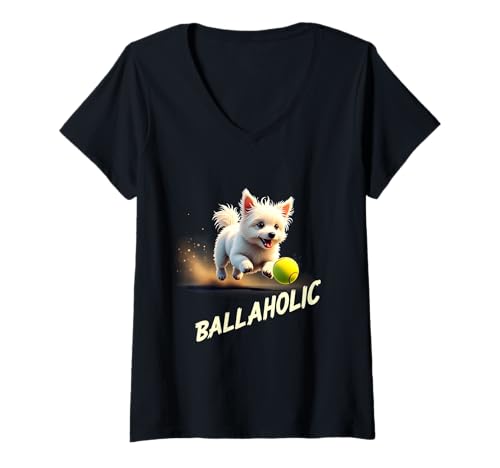 Damen Lustiger Ballaholic Malteser Hund Jagdball T-Shirt mit V-Ausschnitt Damen Lustiger Ballaholic Malteser Hund Jagdball T-Shirt mit V-Ausschnitt von Maltese Fun Designs