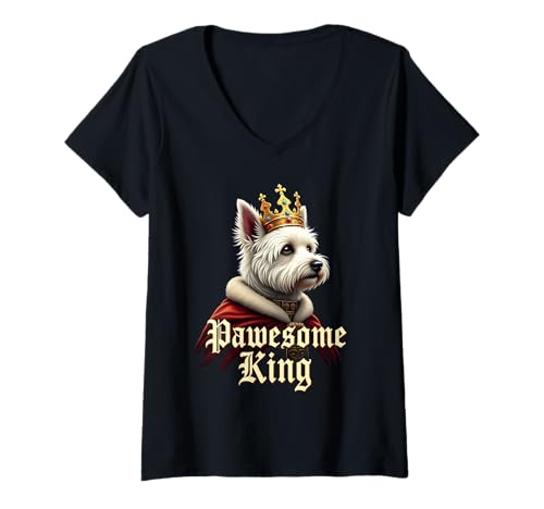 Damen Lustiger Pawesome Malteser König Hund Kunst T-Shirt mit V-Ausschnitt Damen Lustiger Pawesome Malteser König Hund Kunst T-Shirt mit V-Ausschnitt von Maltese Fun Designs