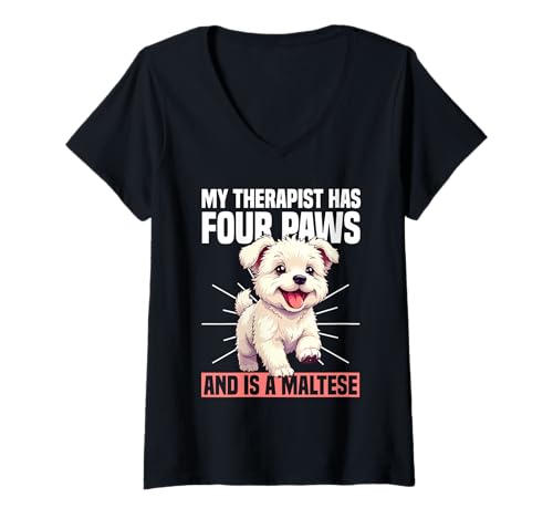 Damen Malteser Hund T-Shirt mit V-Ausschnitt Damen Malteser Hund T-Shirt mit V-Ausschnitt von Maltese Gifts for Men and Women