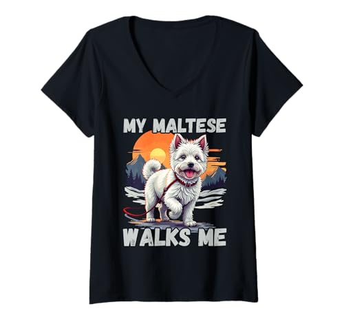 Damen Malteser Hund T-Shirt mit V-Ausschnitt Damen Malteser Hund T-Shirt mit V-Ausschnitt von Maltese Gifts for Men and Women