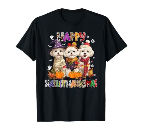 Malteser Hunde Weihnachten Happy Hallothankmas Xmas Männer Frauen T-Shirt von Maltese Happy Hallothankmas Christmas Dog