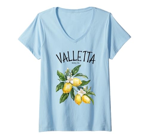 Damen Valletta Lemon Art Malteser Fruit Lover Malta Island Vintage T-Shirt mit V-Ausschnitt von Maltese Heritage Gifts Valletta Lovers Travelers