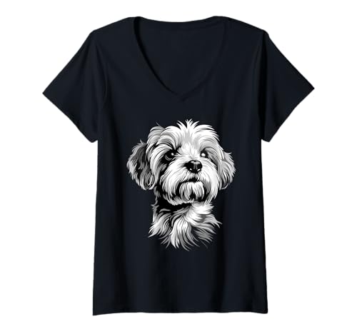 Damen Malteser Kleiner Maltese Hund Hunde Liebe Süßer Malteser T-Shirt mit V-Ausschnitt von Malteser Liebhaber Motiv für Frauchen & Herrchen