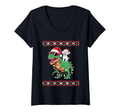 Damen Christmas Maltese Dog T-Rex Dinosaur Tyrannosaurus Rex T-Shirt mit V-Ausschnitt Damen Christmas Maltese Dog T-Rex Dinosaur Tyrannosaurus Rex T-Shirt mit V-Ausschnitt von Malteses Maltese Dog Lover Gifts